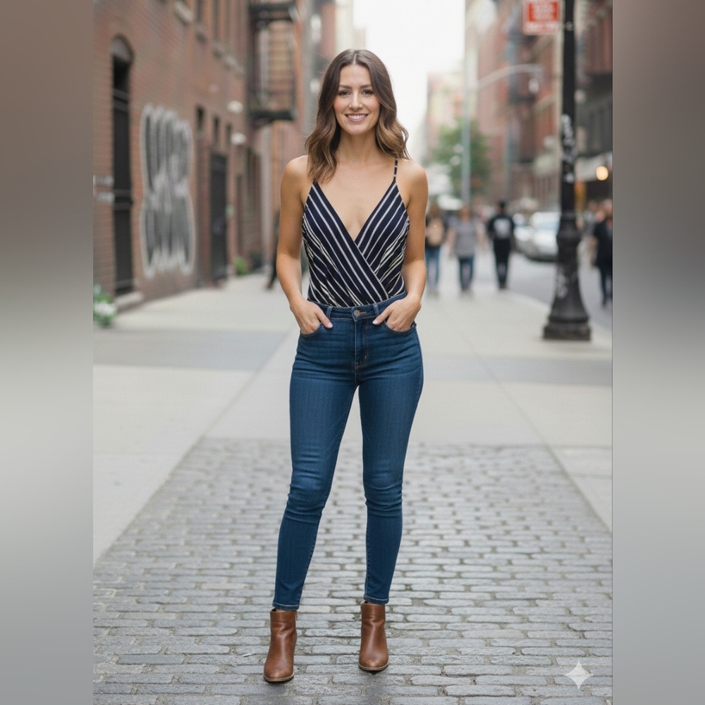 Essue Navy and White Striped Bodysuit